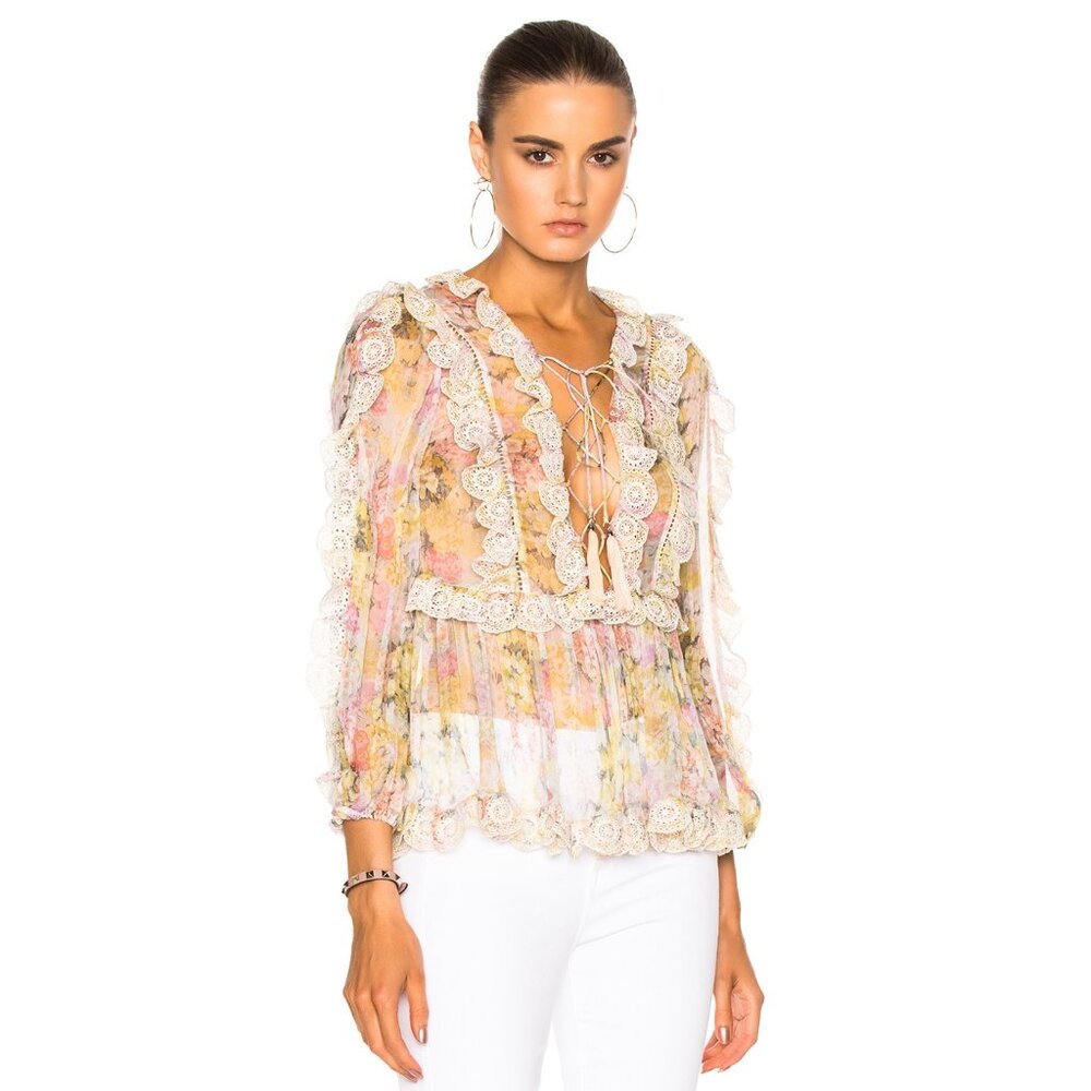 RARE! Zimmermann Valour Scallop Ruffle Blouse Floral Size AU 1 B81 - Picture 6 of 11